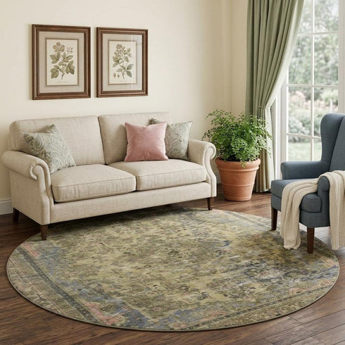 8' Artichoke Green Gold And Gray Floral Medallion Washable Round Rug With UV Protection