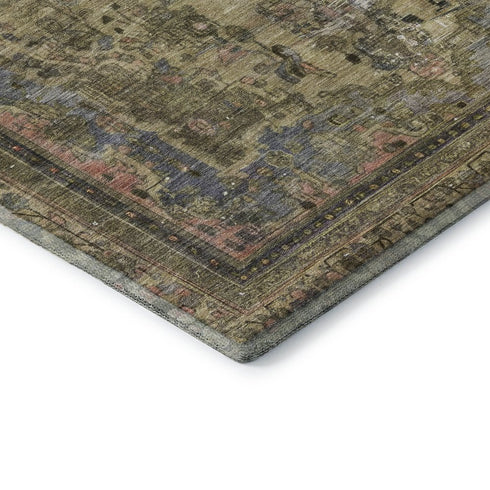 8' Artichoke Green Gold And Gray Floral Medallion Washable Round Rug With UV Protection