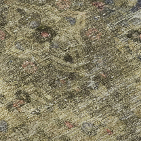 8' Artichoke Green Gold And Gray Floral Medallion Washable Round Rug With UV Protection