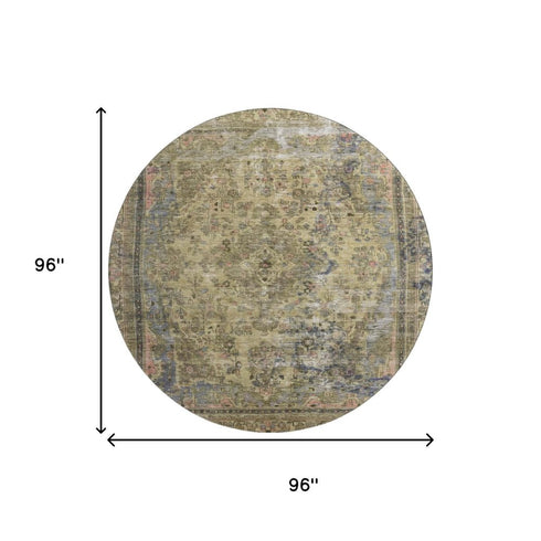 8' Artichoke Green Gold And Gray Floral Medallion Washable Round Rug With UV Protection