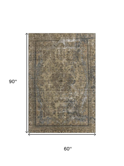 5' X 8' Brown Gray And Silver Floral Medallion Washable Area Rug With UV Protection