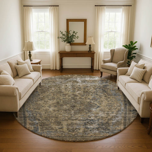 8' Brown Gray And Silver Floral Medallion Washable Round Rug With UV Protection