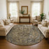 8' Brown Gray And Silver Floral Medallion Washable Round Rug With UV Protection
