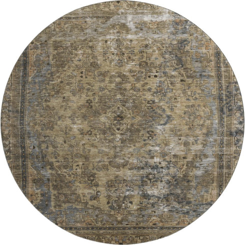 8' Brown Gray And Silver Floral Medallion Washable Round Rug With UV Protection