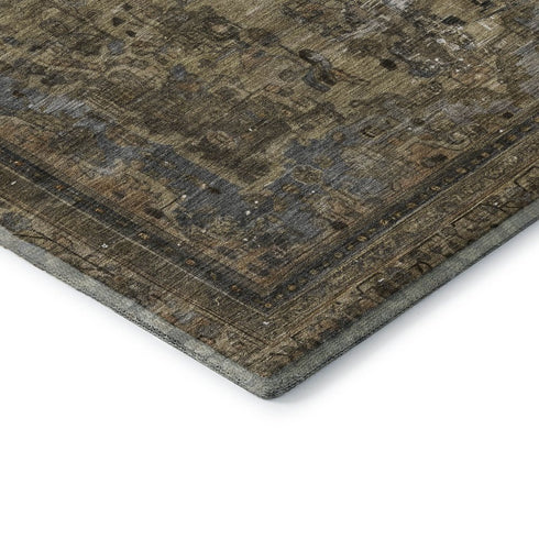 8' Brown Gray And Silver Floral Medallion Washable Round Rug With UV Protection