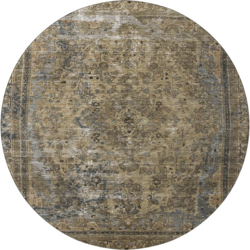 8' Brown Gray And Silver Floral Medallion Washable Round Rug With UV Protection