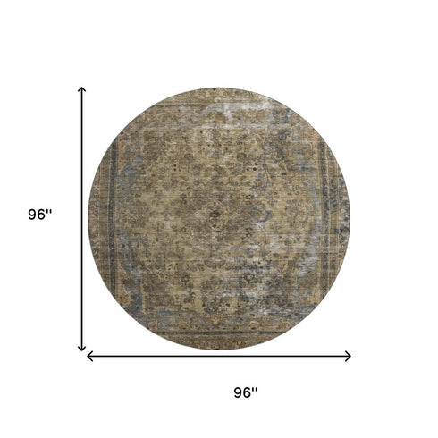 8' Brown Gray And Silver Floral Medallion Washable Round Rug With UV Protection