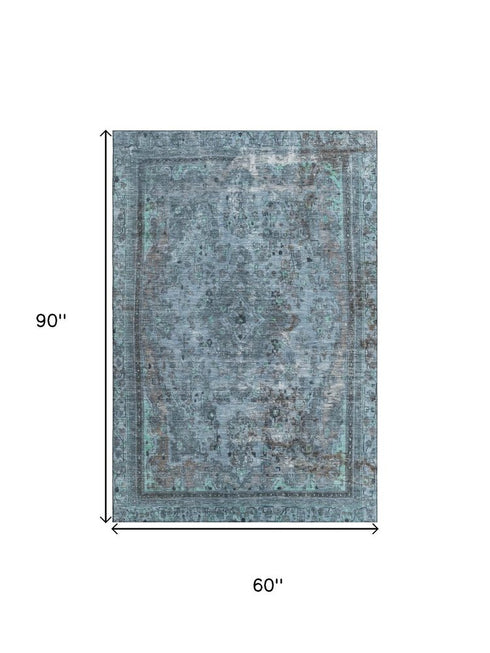 5' X 8' Blue Gray And Silver Floral Medallion Washable Area Rug With UV Protection