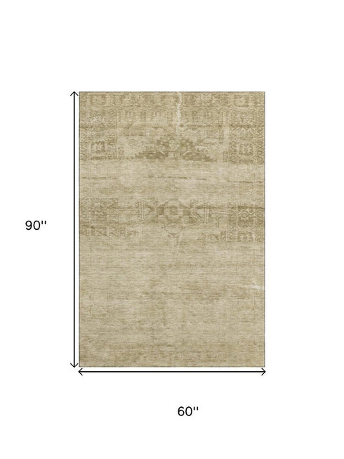 5' X 8' Beige And Taupe Oriental Washable Area Rug With UV Protection