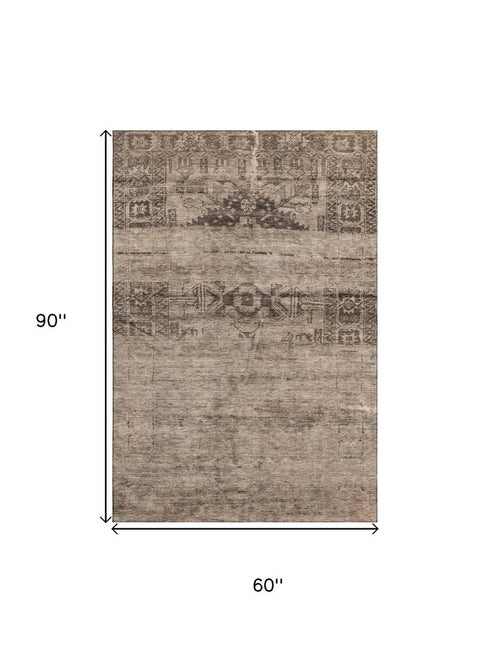 5' X 8' Brown And Taupe Oriental Washable Area Rug With UV Protection