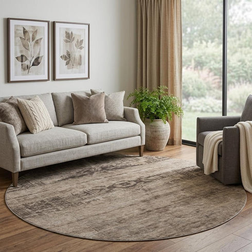 8' Brown And Taupe Oriental Washable Round Rug With UV Protection