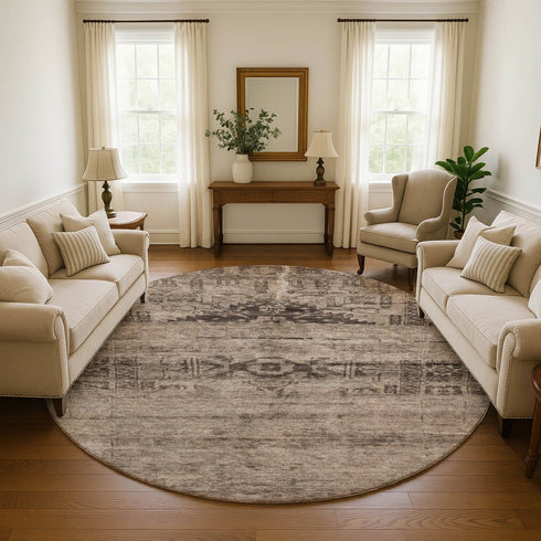 8' Brown And Taupe Oriental Washable Round Rug With UV Protection