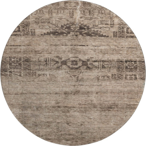 8' Brown And Taupe Oriental Washable Round Rug With UV Protection