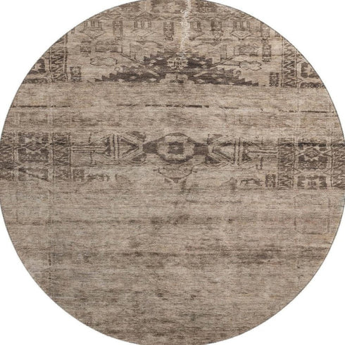 8' Brown And Taupe Oriental Washable Round Rug With UV Protection