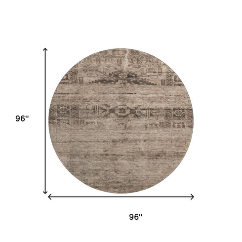 8' Brown And Taupe Oriental Washable Round Rug With UV Protection