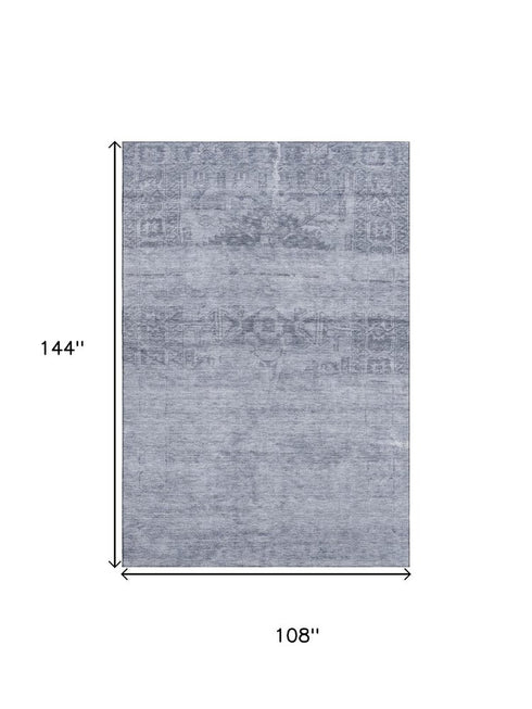 9' X 12' Denim Blue And Sky Blue Oriental Washable Area Rug With UV Protection