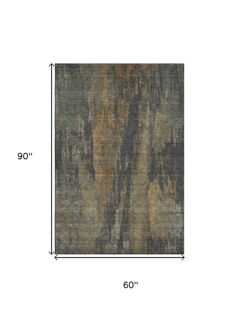 5' X 8' Charcoal Gold And Copper Abstract Washable Area Rug With UV Protection