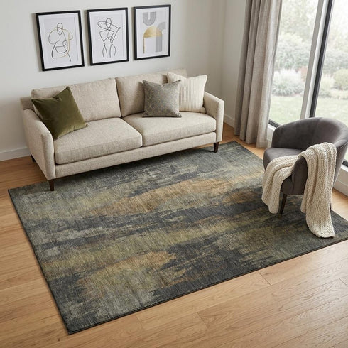 5' X 8' Charcoal Gold And Copper Abstract Washable Area Rug With UV Protection