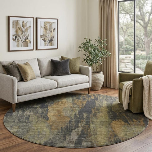 8' Charcoal Gold And Copper Abstract Washable Round Rug With UV Protection