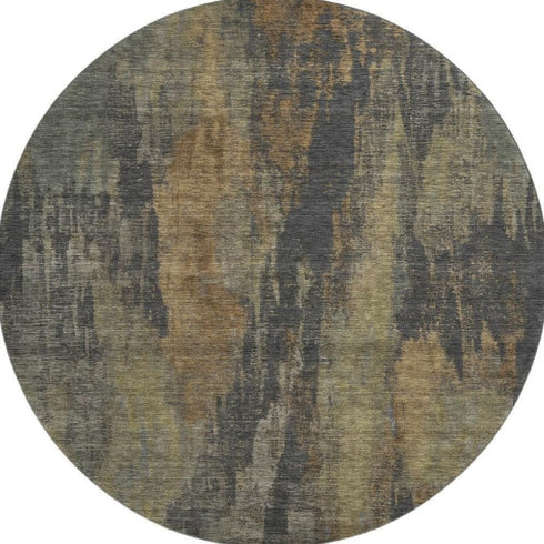 8' Charcoal Gold And Copper Abstract Washable Round Rug With UV Protection