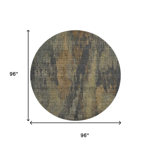8' Charcoal Gold And Copper Abstract Washable Round Rug With UV Protection