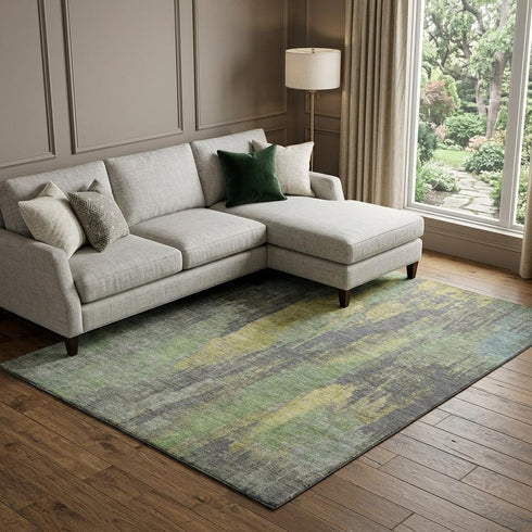 8' X 10' Green Gray And Gold Abstract Washable Area Rug With UV Protection
