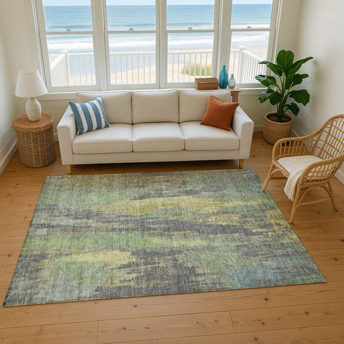 8' X 10' Green Gray And Gold Abstract Washable Area Rug With UV Protection