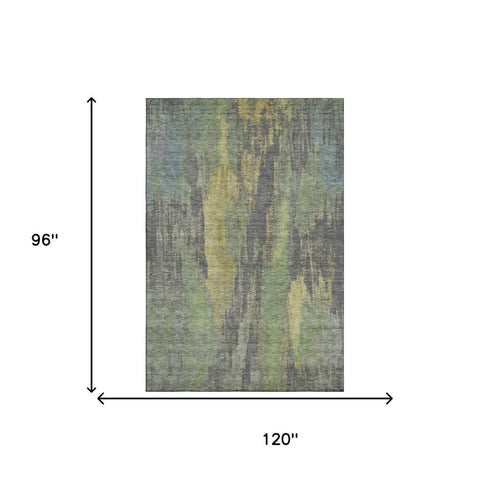 8' X 10' Green Gray And Gold Abstract Washable Area Rug With UV Protection