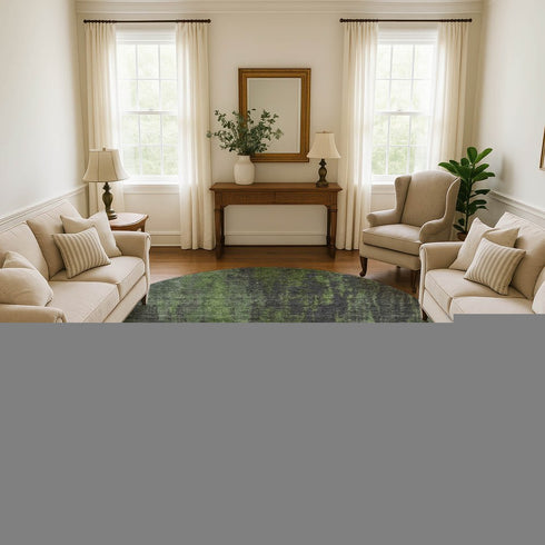 8' Olive Green Charcoal And Gray Abstract Washable Round Rug With UV Protection