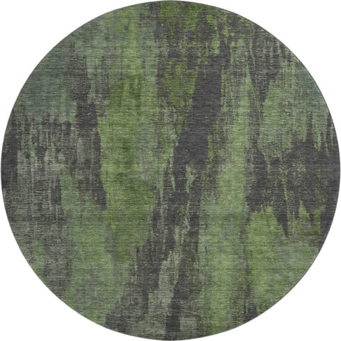 8' Olive Green Charcoal And Gray Abstract Washable Round Rug With UV Protection