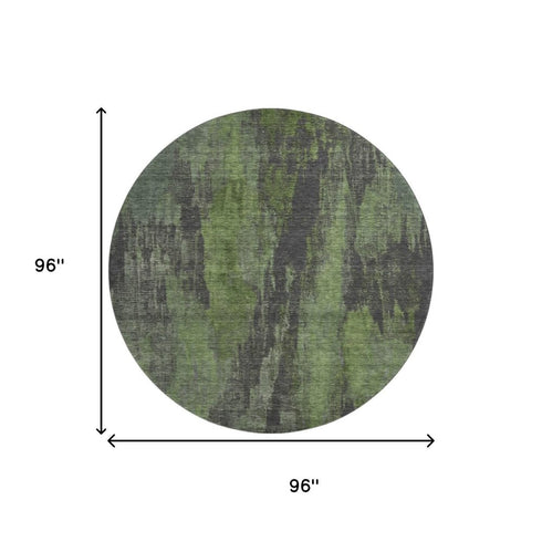 8' Olive Green Charcoal And Gray Abstract Washable Round Rug With UV Protection