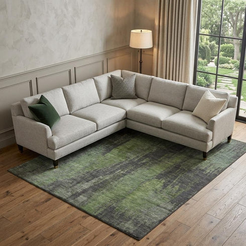 8' X 10' Olive Green Charcoal And Gray Abstract Washable Area Rug With UV Protection
