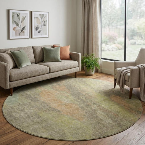 8' Taupe Copper And Brown Abstract Washable Round Rug With UV Protection
