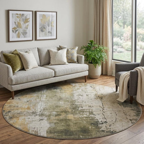 8' Olive Green Copper And Ivory Abstract Washable Round Rug With UV Protection