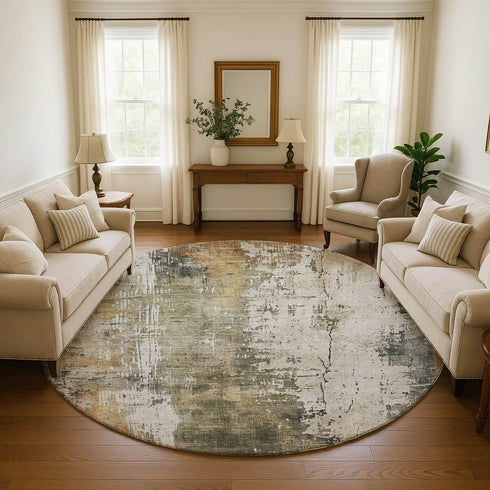 8' Olive Green Copper And Ivory Abstract Washable Round Rug With UV Protection