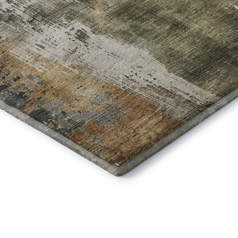 8' Olive Green Copper And Ivory Abstract Washable Round Rug With UV Protection