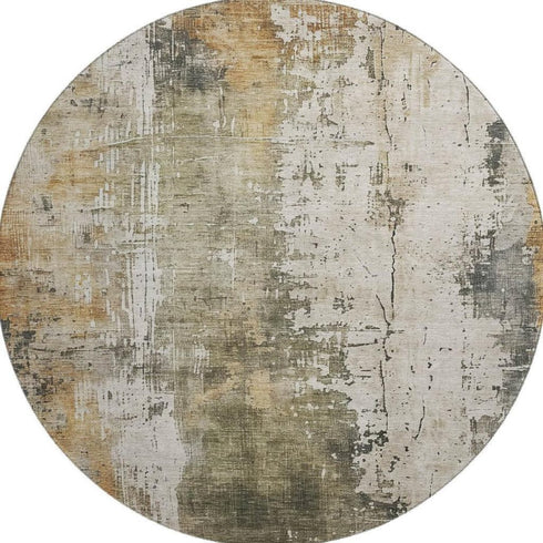 8' Olive Green Copper And Ivory Abstract Washable Round Rug With UV Protection