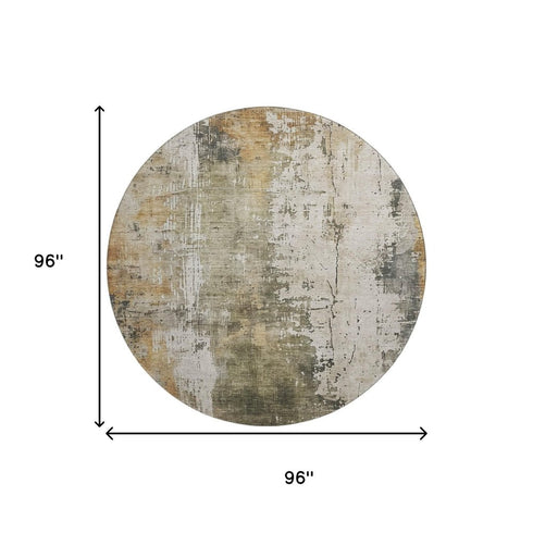 8' Olive Green Copper And Ivory Abstract Washable Round Rug With UV Protection