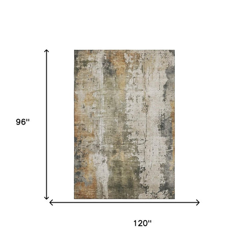 8' X 10' Olive Green Copper And Ivory Abstract Washable Area Rug With UV Protection