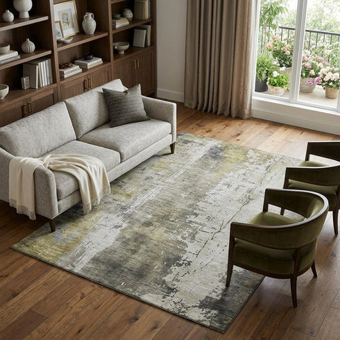 9' X 12' Pewter Gold And Ivory Abstract Washable Area Rug With UV Protection