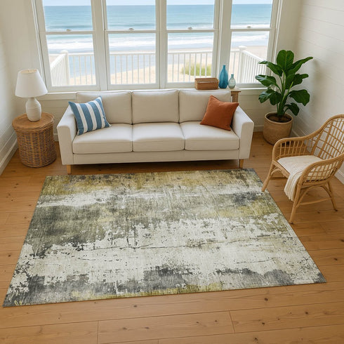 9' X 12' Pewter Gold And Ivory Abstract Washable Area Rug With UV Protection