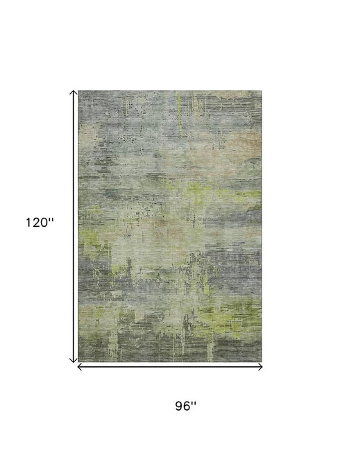 8' X 10' Artichoke Green Charcoal And Silver Abstract Washable Area Rug With UV Protection