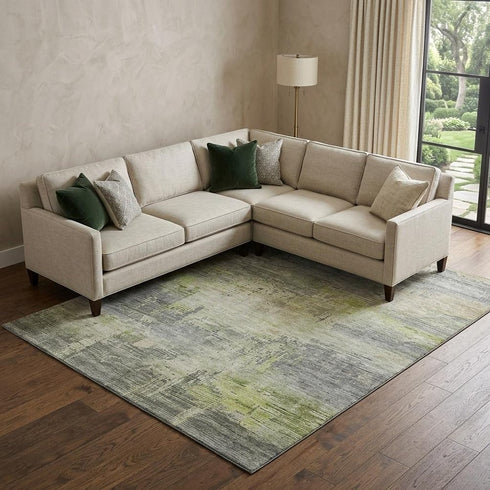 8' X 10' Artichoke Green Charcoal And Silver Abstract Washable Area Rug With UV Protection