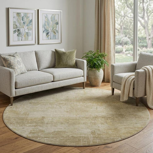 8' Beige And Wheat Abstract Washable Round Rug With UV Protection
