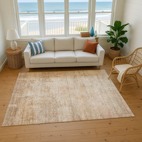 9' X 12' Coral And Beige Abstract Washable Area Rug With UV Protection