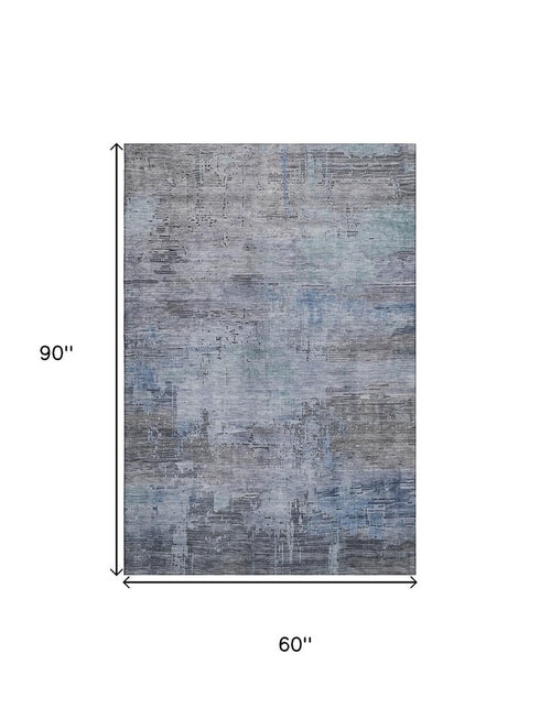 5' X 8' Gray And Blue Abstract Washable Area Rug With UV Protection
