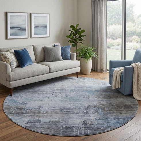 8' Gray And Blue Abstract Washable Round Rug With UV Protection