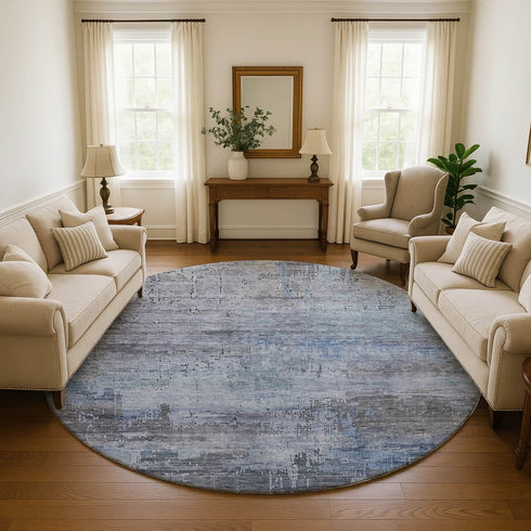8' Gray And Blue Abstract Washable Round Rug With UV Protection