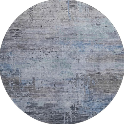 8' Gray And Blue Abstract Washable Round Rug With UV Protection
