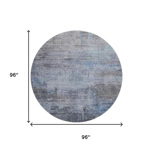 8' Gray And Blue Abstract Washable Round Rug With UV Protection